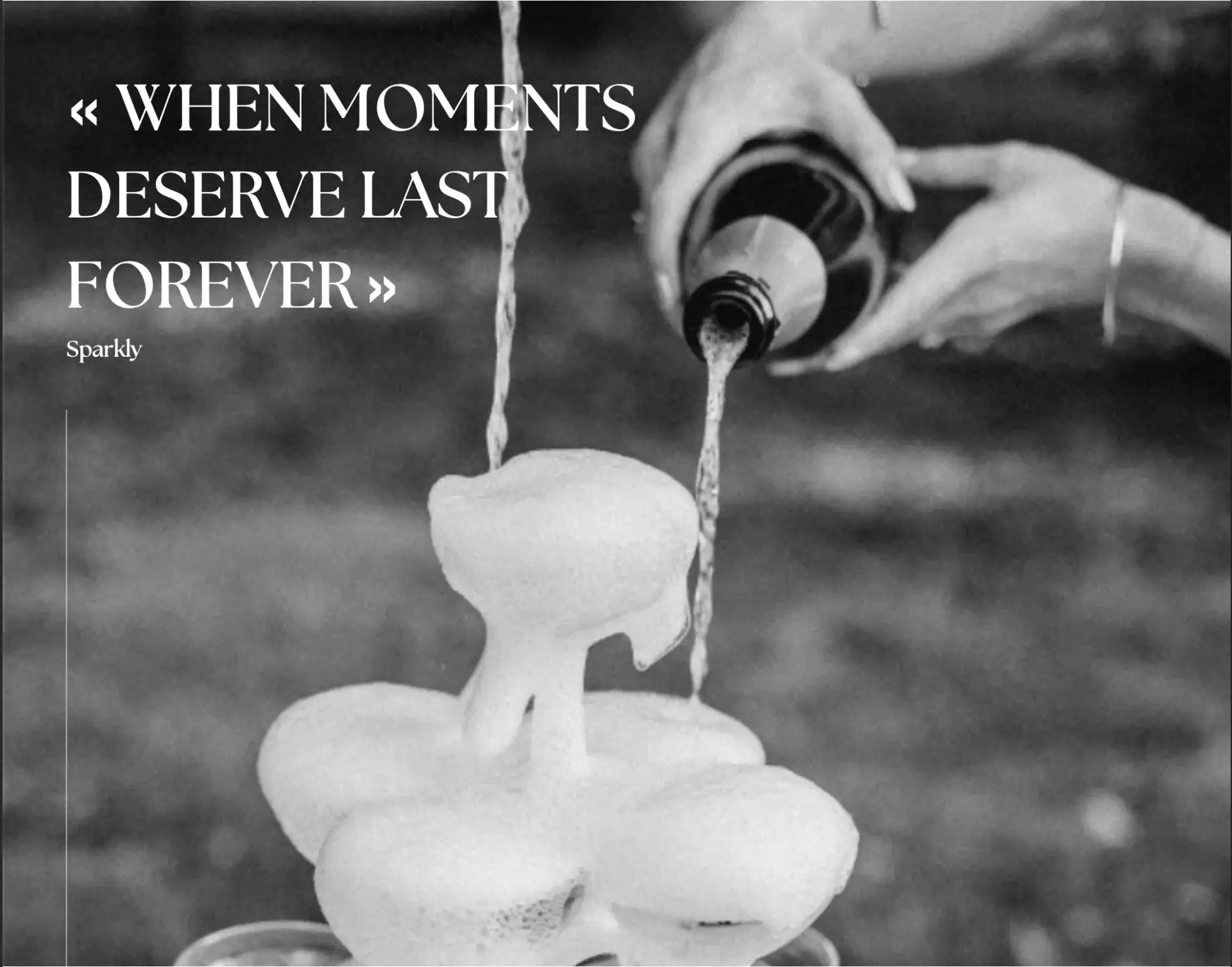 champagne tower in black and withe, « When moments deserve last forever » - Sparkly Studio, wedding content creator